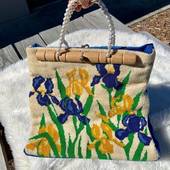 Stunning Vintage Blue & Yellow Pearled Tulip Handbag - Picture 1 of 12